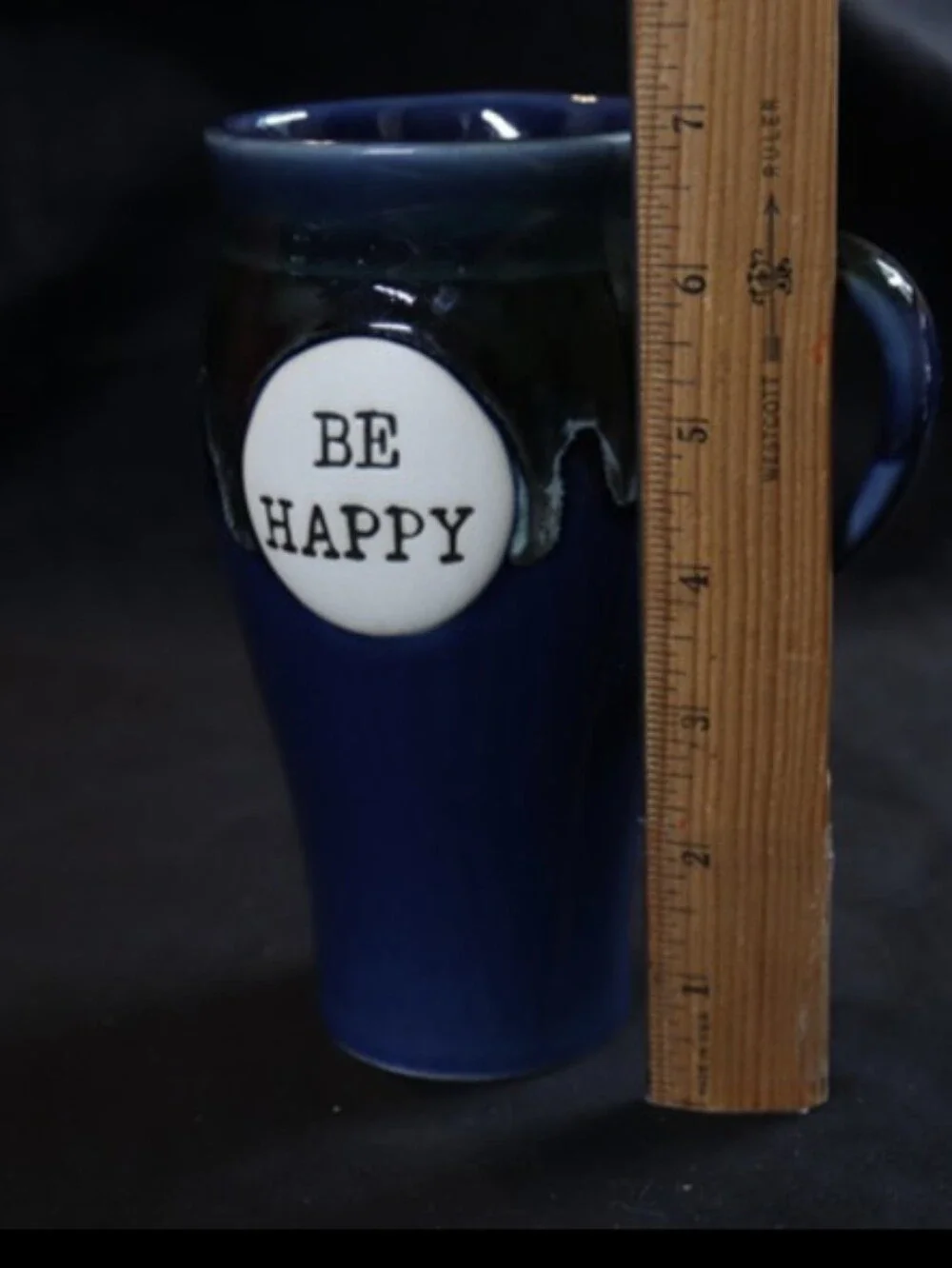 Boston Warehouse Trading Co Be Happy Large Tapered Blue Kobalt Drip Glazed Mug